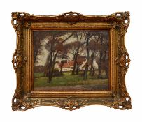 Eugen Kampf (1861 Aachen - 1933 Düsseldorf) Waldlandschaft mit Bauernhaus, Öl auf Platte, 36 cm x 40