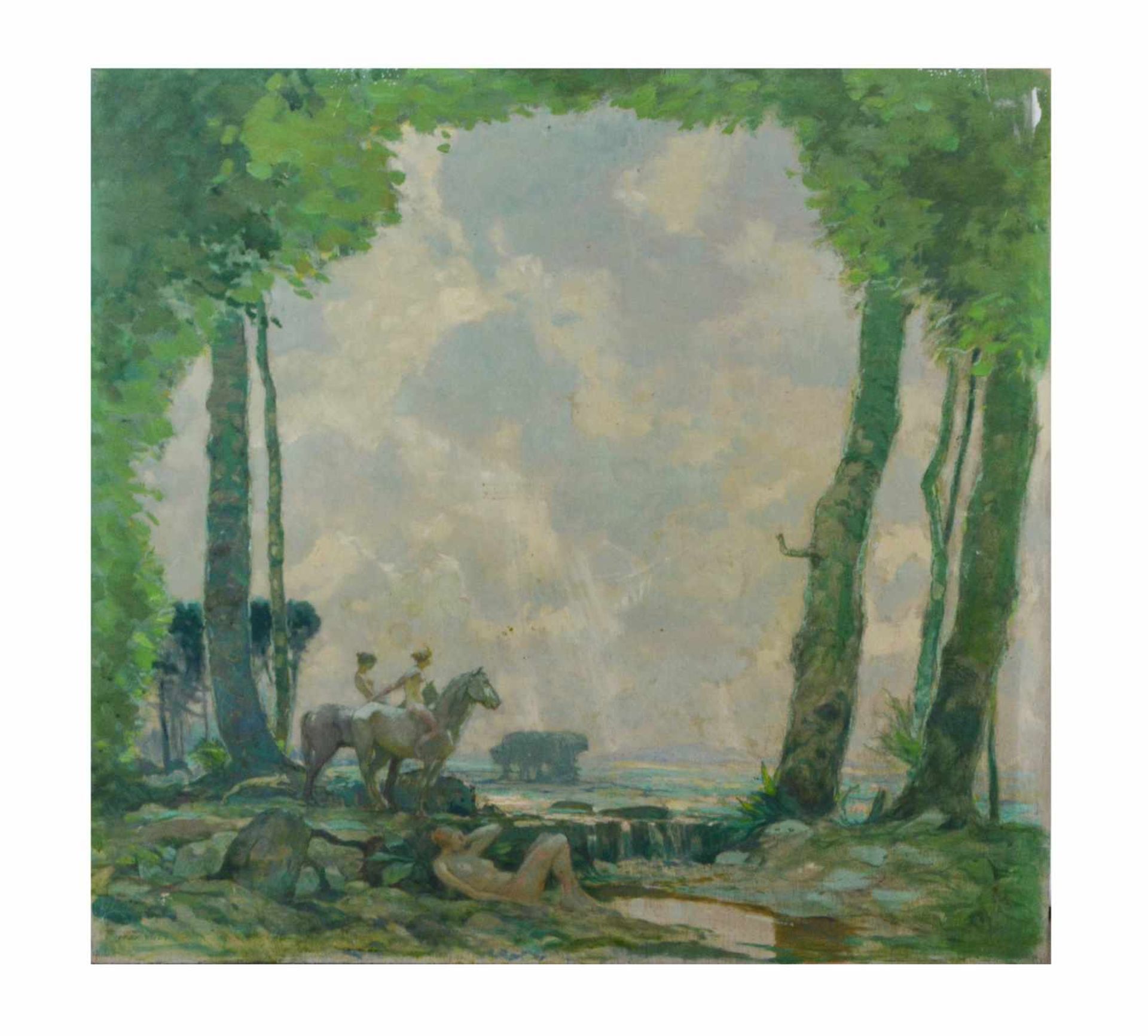 Max Frey (1874 Mühlburg - 1944 Bad Harzburg) Diana auf der Jagd, Öl auf Platte, 71 cm x 70,5 cm,