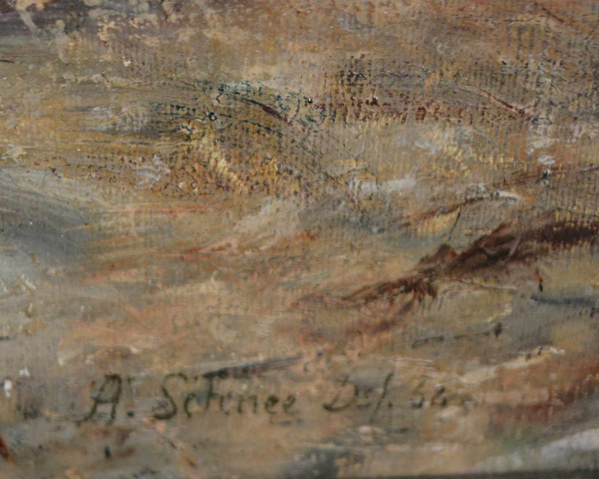 Künstler des 19. Jh. Jäger und 2 Kinder vor Efeu-bewachsenen Häusern, im Hintergrund Uhrenturm, Öl - Bild 3 aus 5
