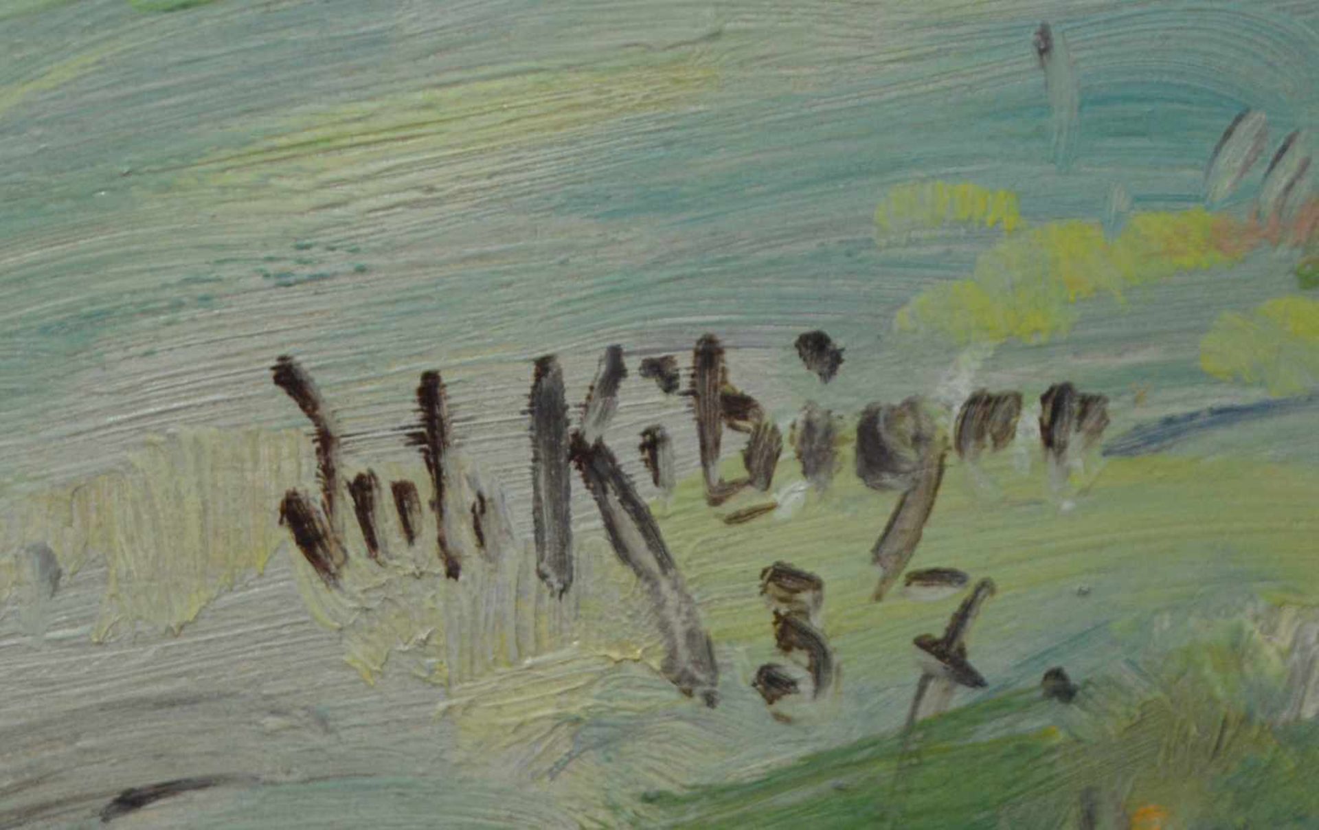 Julius Kibiger (1903 Feldberg - 1983 Müllheim) Landschaft mit Bauerngehöft und Mühle, Öl auf Platte, - Bild 3 aus 4