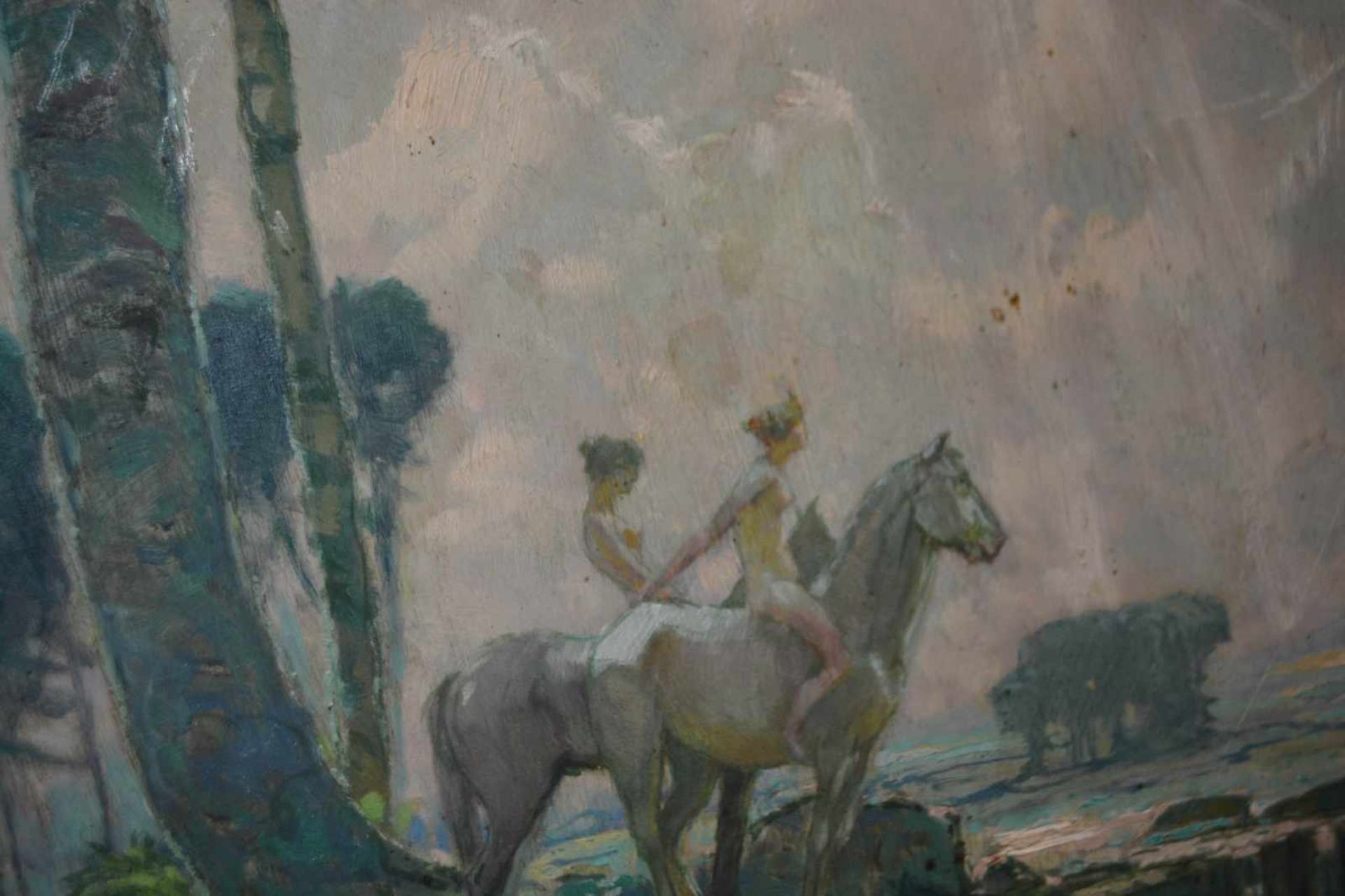 Max Frey (1874 Mühlburg - 1944 Bad Harzburg) Diana auf der Jagd, Öl auf Platte, 71 cm x 70,5 cm, - Bild 4 aus 4
