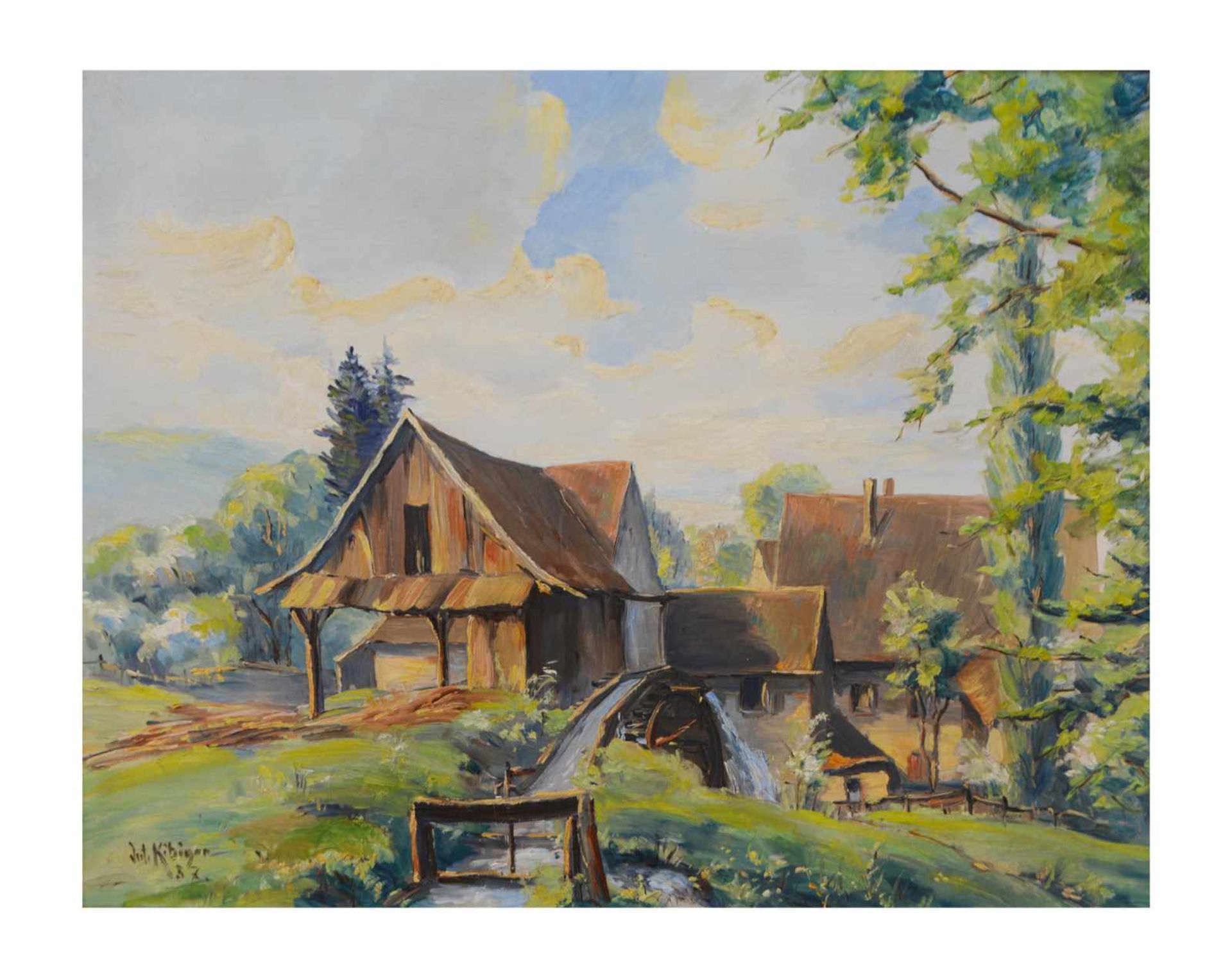 Julius Kibiger (1903 Feldberg - 1983 Müllheim) Landschaft mit Bauerngehöft und Mühle, Öl auf Platte, - Bild 2 aus 4