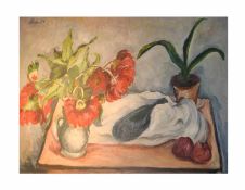 Xaver Fuhr (1898 Neckarau - 1973 Regensburg) (F) Stillleben mit roten Blumen und Flasche, 48 cm x 64