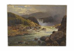 Themistokles von Eckenbrecher (1842 Athen - 1921 Goslar) Norwegischer Wasserfall mit Sägemühle, Öl