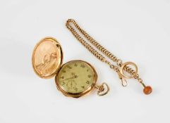 Taschenuhr mit Uhrenkette Vulcain, um 1940, 585 Gelbgold, Handaufzug, Zwischendeckel Metall,
