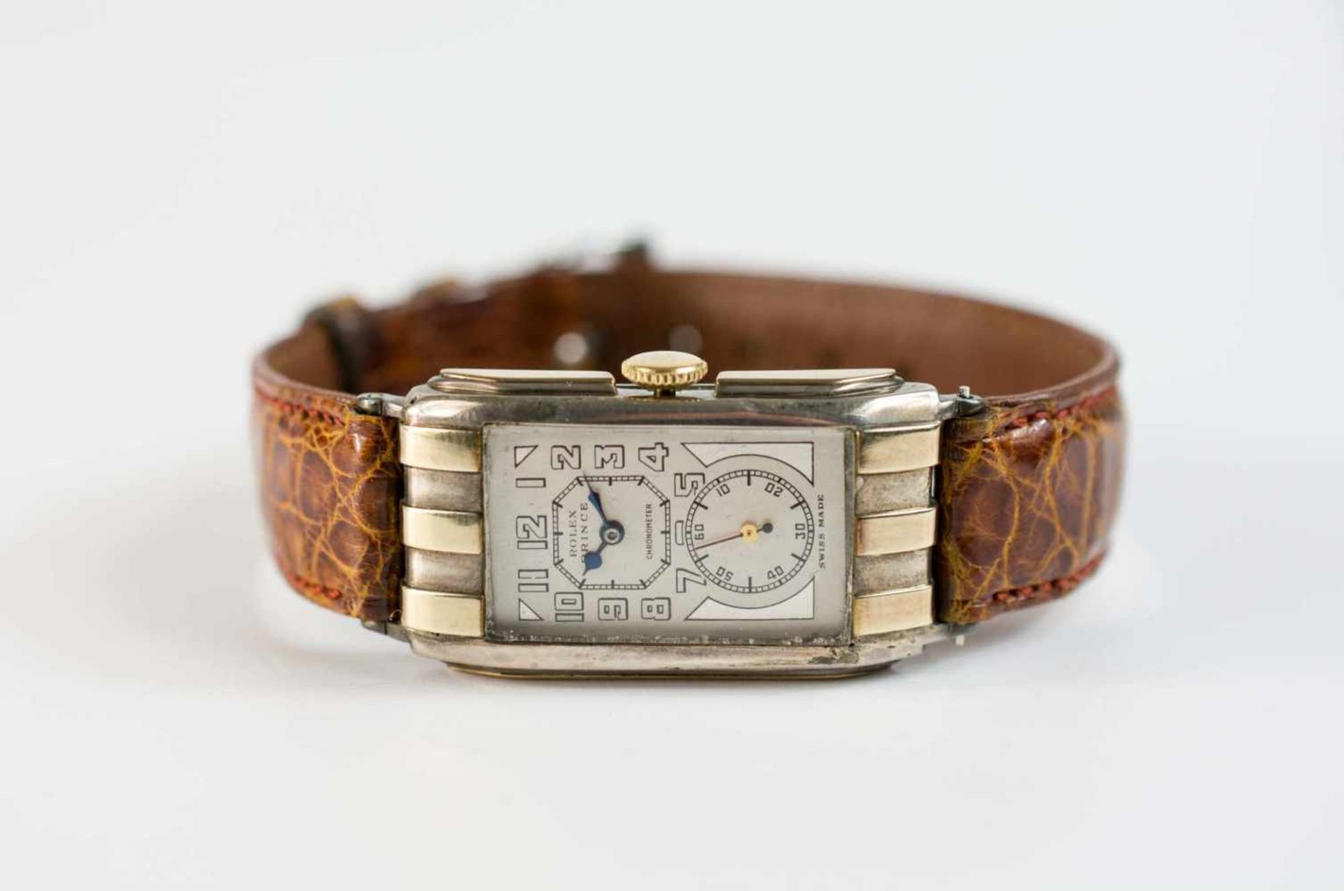 Herrenarmbanduhr Rolex, Prince Bicolor Chronometer, Art déco, Handaufzug, Gehäuse 900 Silber,