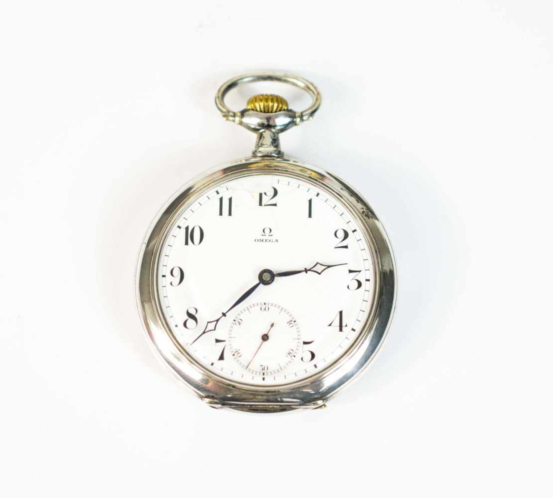 Taschenuhr Omega, Handaufzug, Zylinderwerk, Gehäuse Silber, geprüft, Durchmesser 5 cm, Gewicht ca.