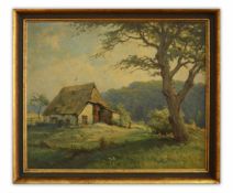 S. Dose (20. Jh., Deutschland) Bauernhaus vor hügeliger Landschaft, Öl auf Leinwand, 68,5 cm x 82