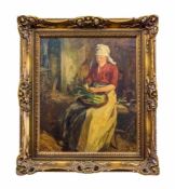 Unbekannter Künstler (19. Jh./20. Jh.) Frau mit Gemüsekorb in Kücheninterieur, Öl auf Platte, 60