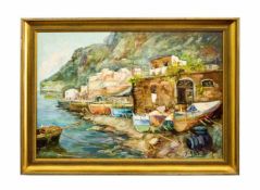 Giulio Albano (1940 Loano) Fischerhafen von Loano, Öl auf Leinwand, 50 cm x 70 cm, unten rechts