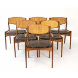 Konvolut 6 Esstischstühle Dänemark, 1960er Jahre, Teakholz, Rattan-Rückenlehne, Sitz mit schwarzem