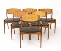 Konvolut 6 Esstischstühle Dänemark, 1960er Jahre, Teakholz, Rattan-Rückenlehne, Sitz mit schwarzem