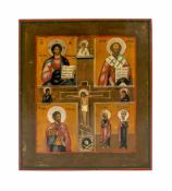 Ikone Russland, um 1800, Eitempera auf Holz, Christus am Kreuz mit verschiedenen Heiligen, 30,7 cm x