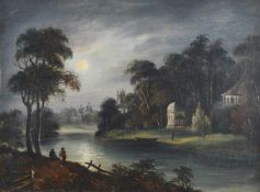 Unbekannter Künstler (19. Jh.) Landschaft bei Vollmond, Öl auf Leinwand, doubliert, 30,5 cm x 40,5