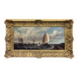 Wright (20. Jh., England) Küstenlandschaft mit Segelschiff und zwei Segelbooten, Öl auf Holz, 25,5