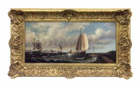Wright (20. Jh., England) Küstenlandschaft mit Segelschiff und zwei Segelbooten, Öl auf Holz, 25,5