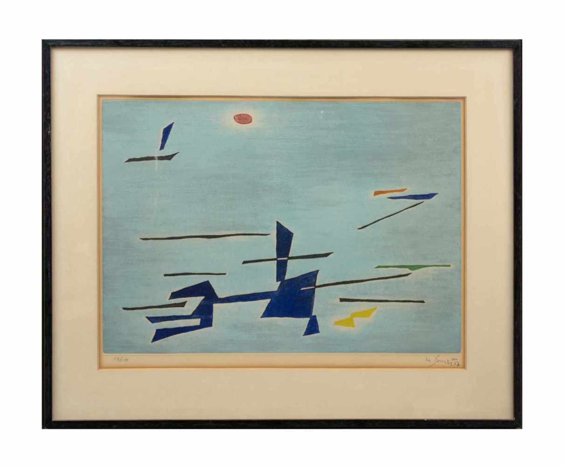 Gustave Signer (1889 - 1986) Abstrakte Komposition auf hellblauem Grund, Farblithografie auf Bütten,