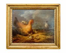 Jacques Philippe Renout (1804 Nizza - 1861 Louviers) Henne, Hahn und Küken in Landschaft, Öl auf