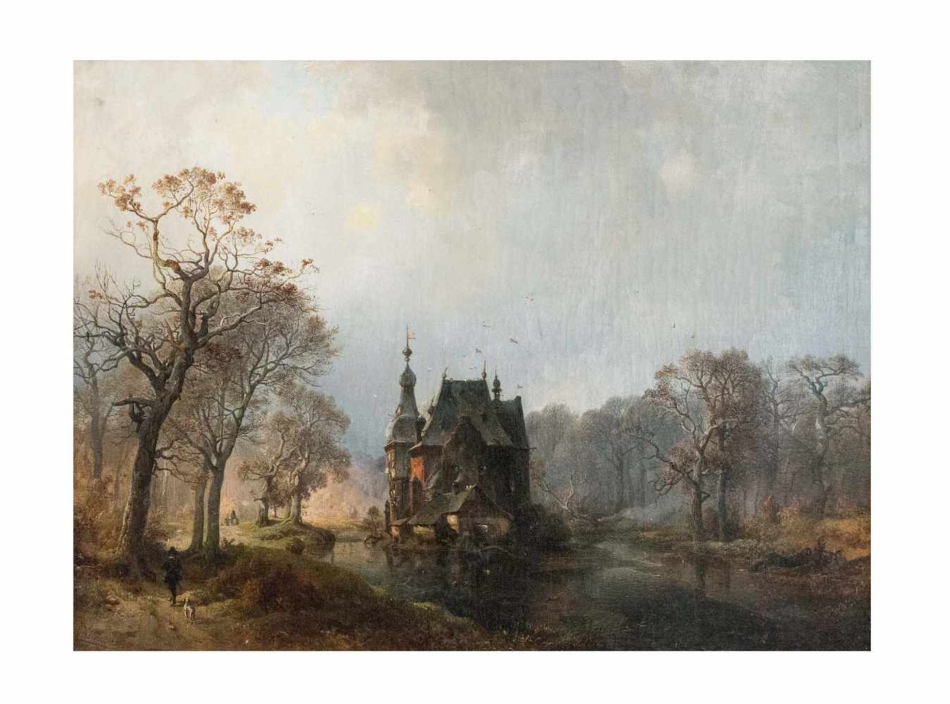 Carl Hilgers (1818 Düsseldorf - 1890 ebenda) Wasserschloss im herbstlichen Wald mit Jäger, Öl auf - Bild 2 aus 3