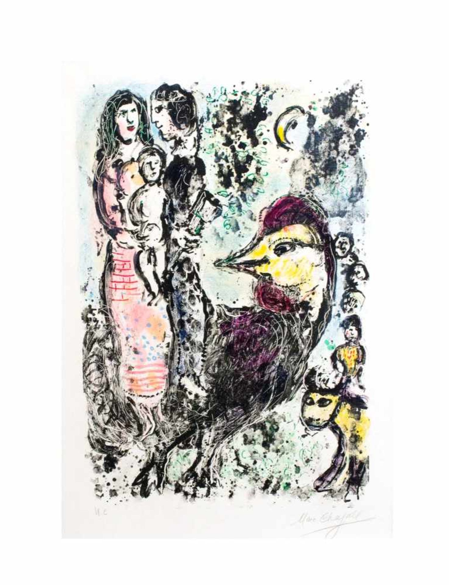 Marc Chagall (1887 Witebsk - 1985 Paul de Vence) (F) La famille au coq, Farblithografie auf Vélin-