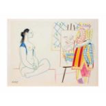 Unbekannter Künstler nach Picasso (20. Jh.) Akt mit Maske und Mann vor Leinwand, Farblithografie auf