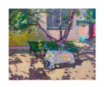 Peter Nagulyak (1965 Ukraine) Innenhof in Odessa mit zwei Kindern, Öl auf Leinwand, 60 cm x 73 cm,