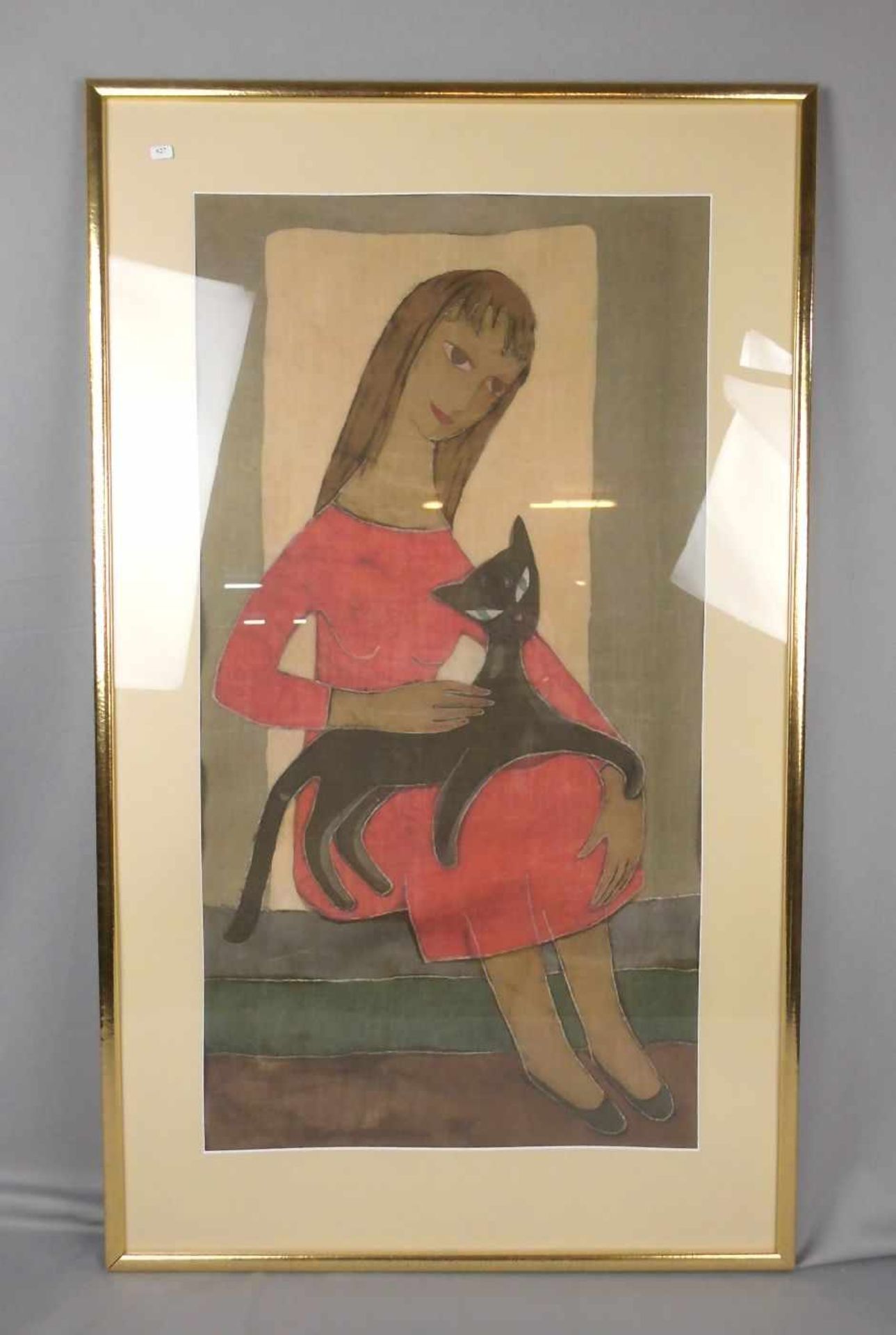 ANONYMUS (20. Jh.), Gemälde / Textilbild / Stoffmalerei: "Junge Frau mit Katze", Tempera auf Leinen,