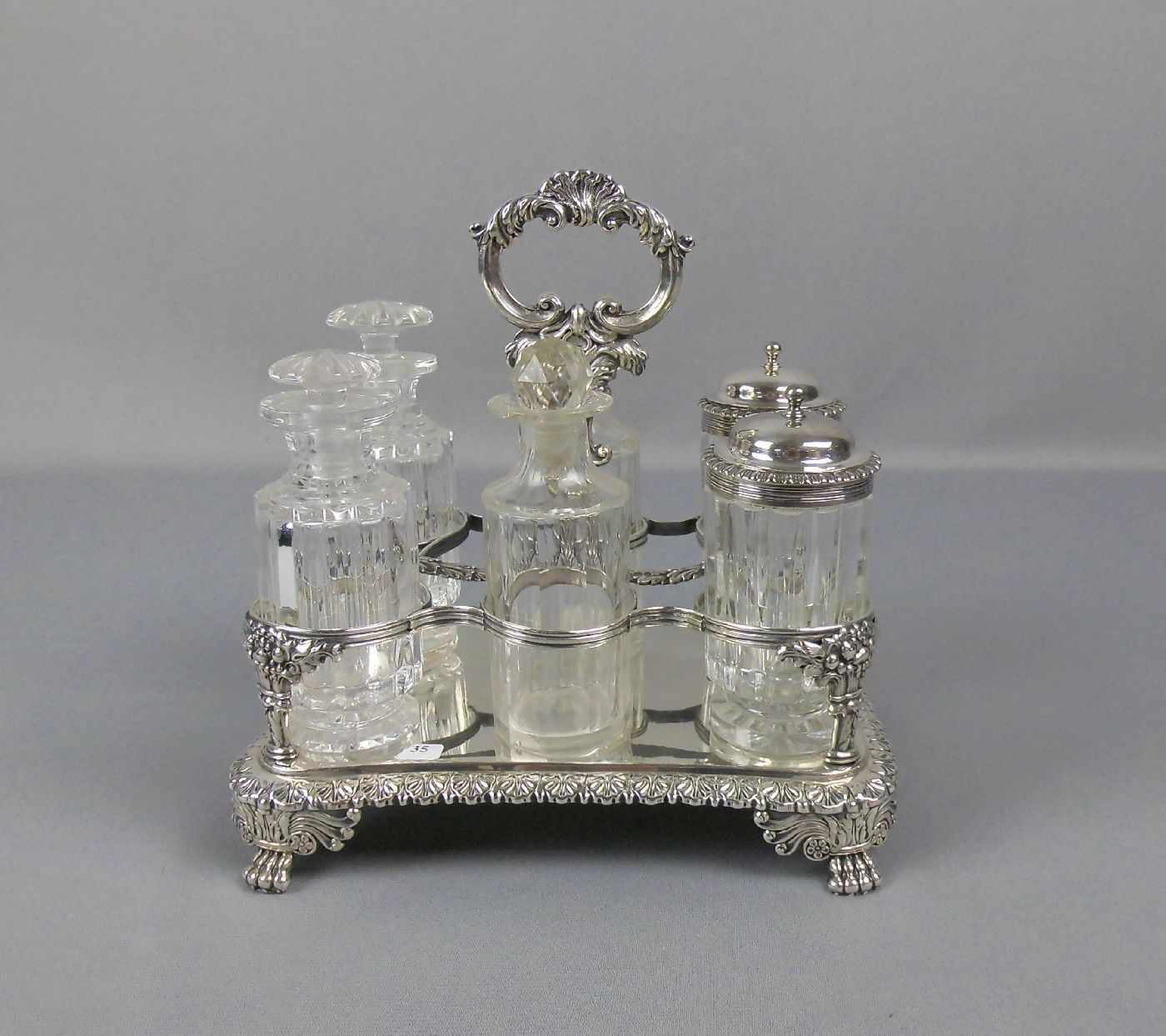 GROSSE GEWÜRZ - MENAGE / silver cruet, Glas, Sterlingsilber (612 g), London, 1822, Georg IV.,