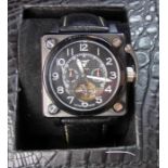 INGERSOLL - HERRENUHR, Automatik, "Bison No 15", Edelstahl, schwarz, Lederarmband mit