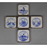 5 DELFTER FLIESEN / delft tiles, 18./19. Jh., Delfter Keramik / Fayence, jeweils mit Kupferrahmung