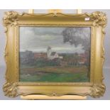 GEMÄLDE / painting: "Etting in Oberbayern", Öl auf Holz / oil on wood, u. r. unleserlich signiert,