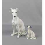 2 KERAMIK - FIGUREN: "Windhunde" / greyhound figures, 20. Jh., Keramik, ungemarkt. Zwei sitzende