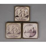 3 DELFTER FLIESEN / BIBELFLIESEN / delft tiles, Delfter Keramik / Fayence, jeweils mit Kupferrahmung