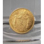 GOLD - MÜNZE (6,45 g), Belgien, 20 Francs von 1869, mit Porträt Leopold II und Wappenkartusche.
