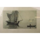 RADIERUNG / etching: "Seestück mit Segelschiffen und Ruderboot", Radierung in Blau-Grau auf