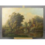 MONOGRAMMIST DES 19. Jh. (H. K. F. D.?), Gemälde / painting: "Flusslandschaft mit Brücke und