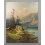 MONOGRAMMIST des 19. Jh. (AR oder AP), Gemälde / painting: "Gebirgssee mit Bootshaus und Hütte",