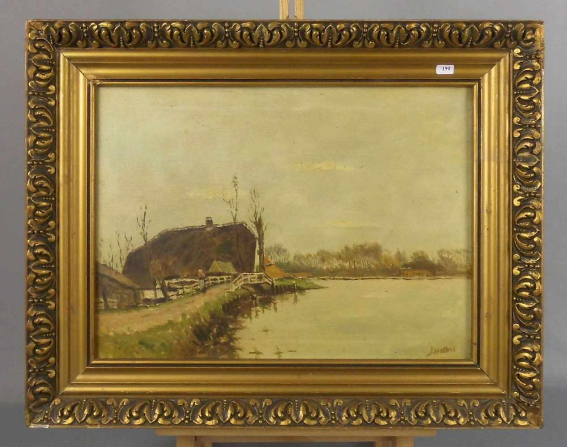 GEMÄLDE / painting: "Friesisches Gulfhaus am Gewässer", Öl auf Leinwand / oil on canvas, um 1900, u.