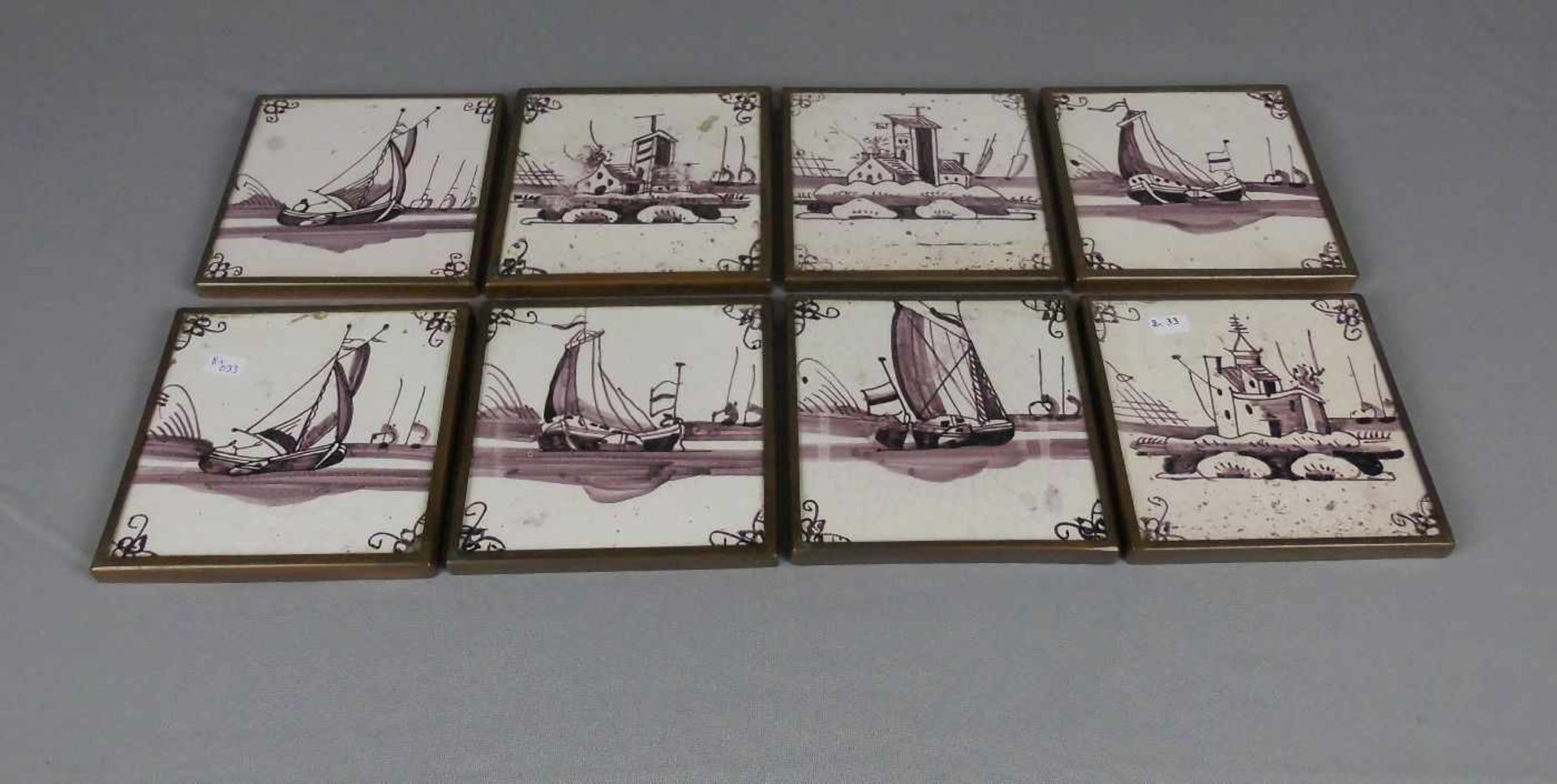 8 DELFTER FLIESEN / delft tiles, Delfter Keramik / Fayence, jeweils mit Kupferrahmung an Aufhängung, - Bild 2 aus 2