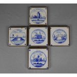 5 DELFTER FLIESEN / delft tiles, 18./19. Jh., Delfter Keramik / Fayence, jeweils mit Kupferrahmung