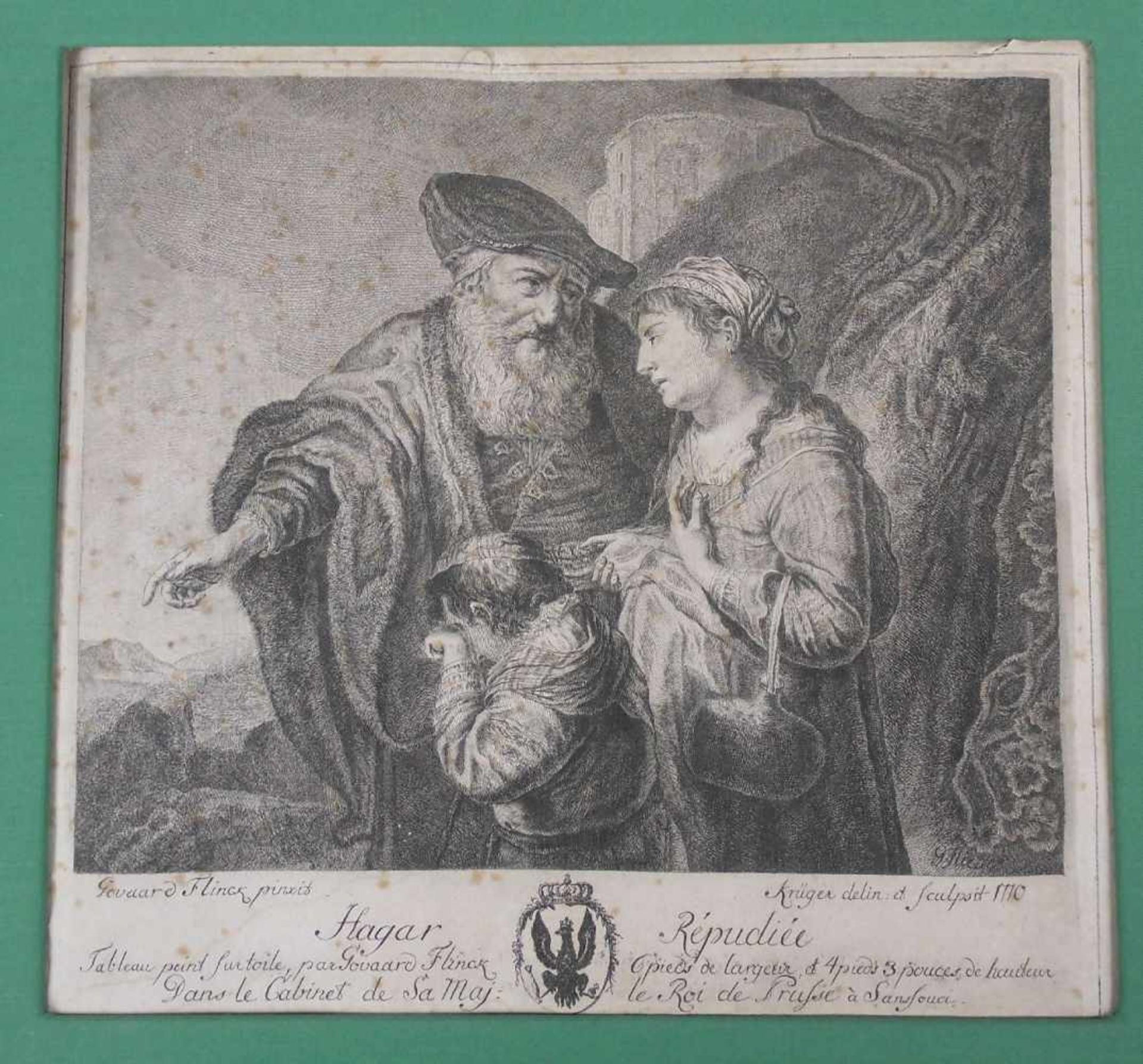 KUPFERSTICH: "Hagar Répudiée" (Verstoßung der Hagar), nach einem Gemälde von Govaerd Flinck (1615-