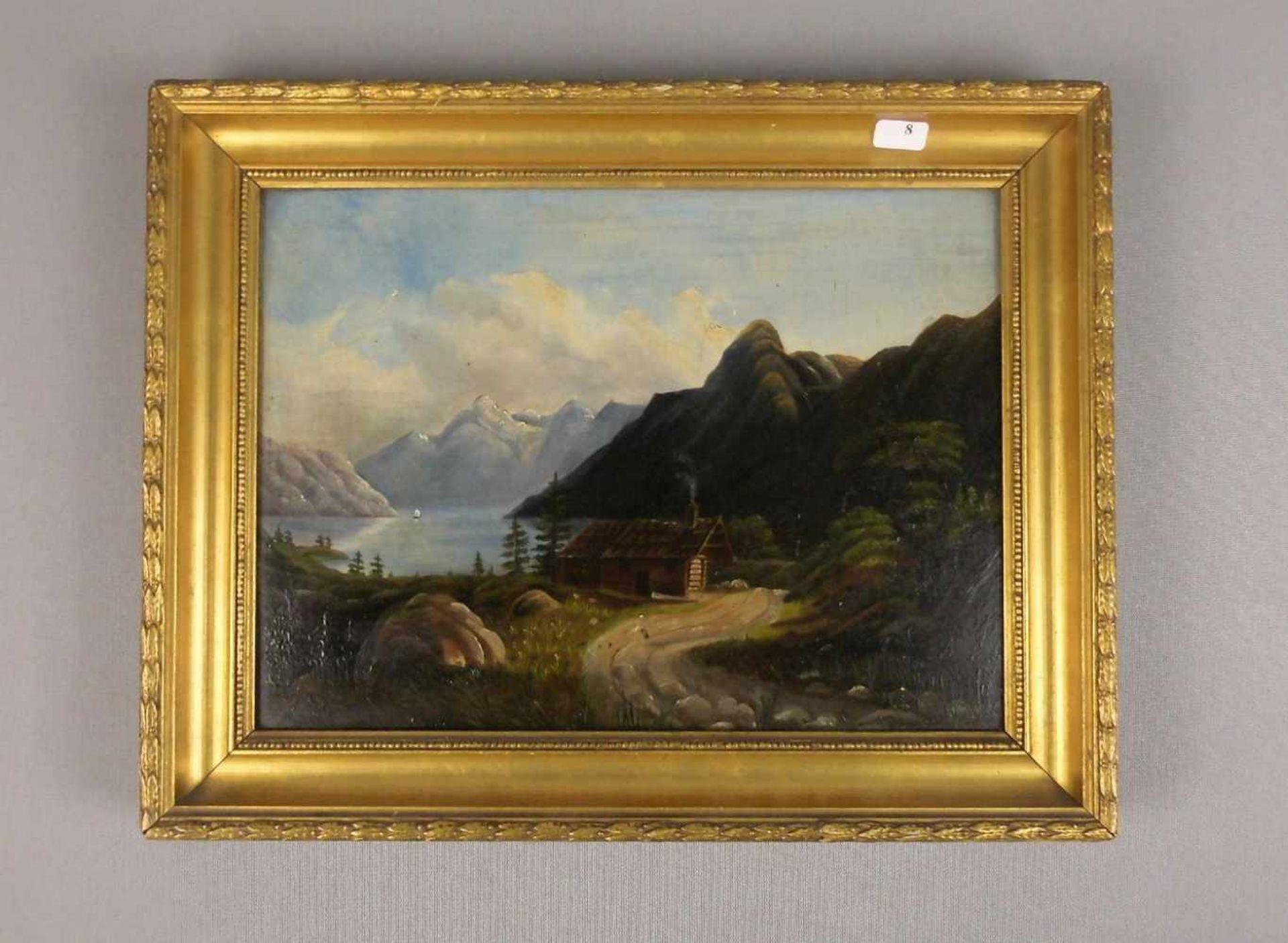 ANONYMUS (19. Jh.), Gemälde / painting: "Gebirgslandschaft mit See und Hütte", Öl auf Holz / oil