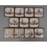 11 DELFTER FLIESEN / delft tiles, Delfter Keramik / Fayence, jeweils mit Kupferrahmung an