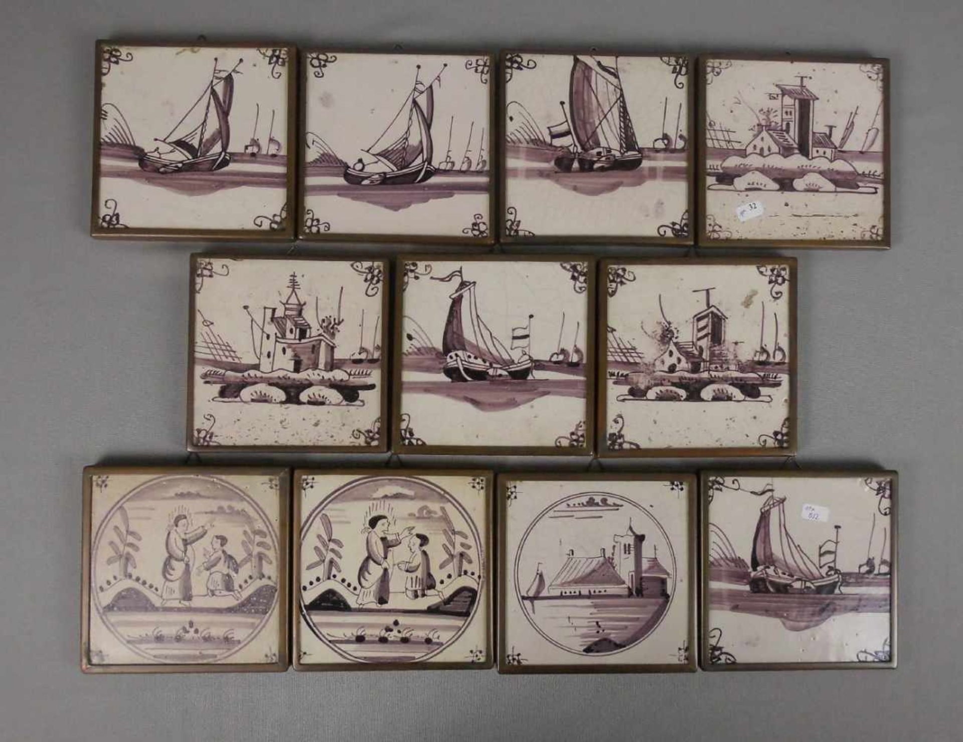 11 DELFTER FLIESEN / delft tiles, Delfter Keramik / Fayence, jeweils mit Kupferrahmung an