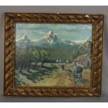 GEMÄLDE / painting: "Kutsche auf dem Weg zum Gebirgsdorf vor Höhenzug", Öl auf Leinwand / oil on