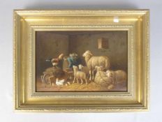 NOWEY, ADOLF (geb. 1835 in Wien) - GEMÄLDE / painting: "Im Schafstall", Öl auf Holz / oil on