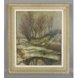 GEMÄLDE / painting: "Winterliche Landschaft mit Gewässer und fernem Dorf", Öl auf Holz / oil on
