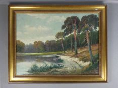 BLÄTTER, ALEX (geb. 1878), Gemälde / painting: "Flusslauf am Kiefernwald", Öl auf Leinwand auf