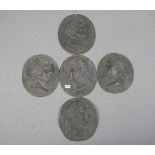 5 RELIEFS RÖMISCHER KAISER, bronziertes Blei, um 1900. Ovale Form u. a. mit Porträts von Augustus