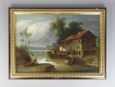 GEMÄLDE / painting: "Flusslauf mit Wassermühle", Öl auf Leinwand / oil on canvas, u. r.